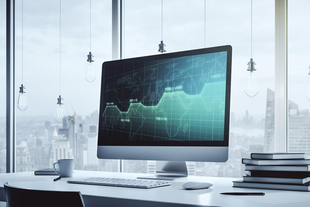 Ologramma astratto di dati statistici creativi su monitor di computer moderni e concetto di previsione Rendering 3D