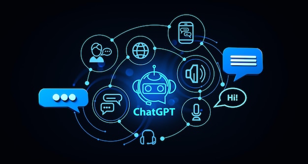 Ologramma ChatGPT e icone dei social network AI e comunicazione