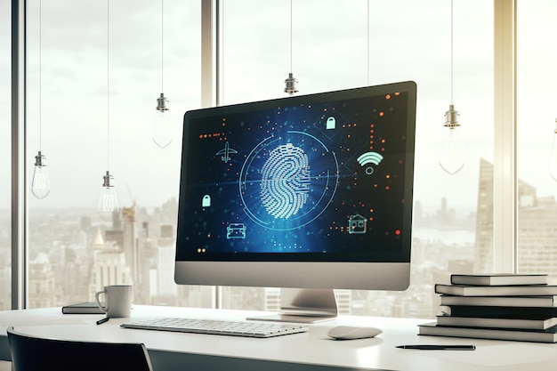 Ologramma creativo astratto dell'impronta digitale sul moderno monitor del computer protezione del concetto di informazioni personali Rendering 3D