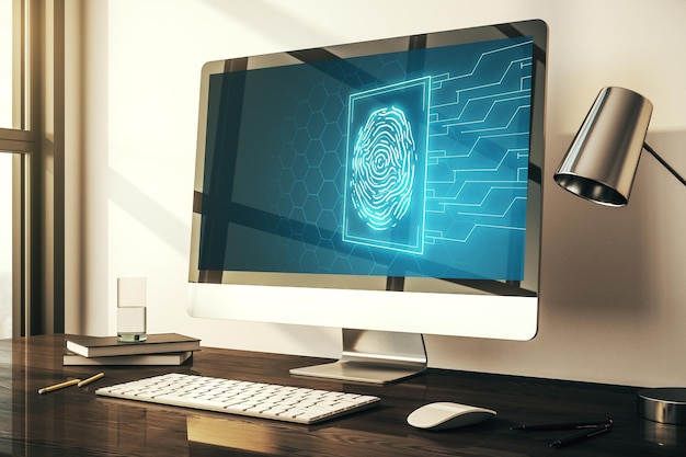 Ologramma creativo astratto dell'impronta digitale sul moderno monitor del computer protezione del concetto di informazioni personali Rendering 3D