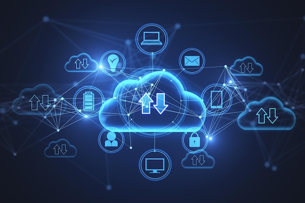 Ologramma creativo di cloud computing blu luminoso con frecce downloadupload su sfondo sfocato Tecnologia di database e concetto futuro Rendering 3D