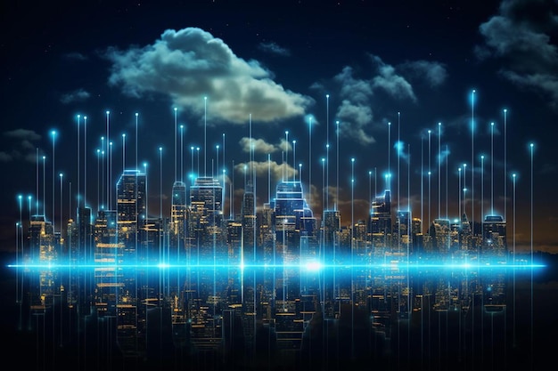 ologramma creativo di nuvole luminose sullo sfondo illuminato della città notturna cloud computing e database