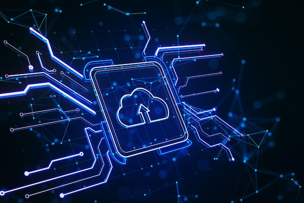 Ologramma creativo di pulsante di circuito quadrato con icona di nuvola su carta da parati scura Tecnologia e concetto di cloud computing Rendering 3D