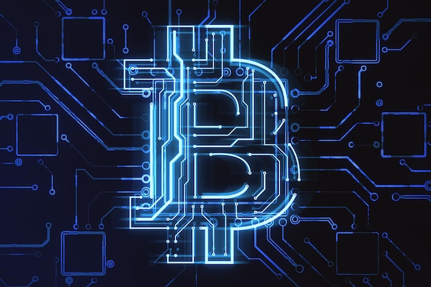 Ologramma del circuito bitcoin luminoso creativo su sfondo scuro Blockchain di criptovaluta e concetto finanziario Rendering 3D
