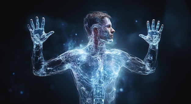 Ologramma del corpo umano sanitario con scansione completa del corpo, ossa, organi, articolazioni, cervello in stile HUD futuristico