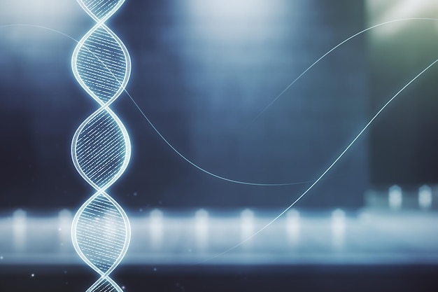 Ologramma del DNA su sfondo sfocato edificio per uffici contemporaneo concetto di scienza e biologia Esposizione multipla