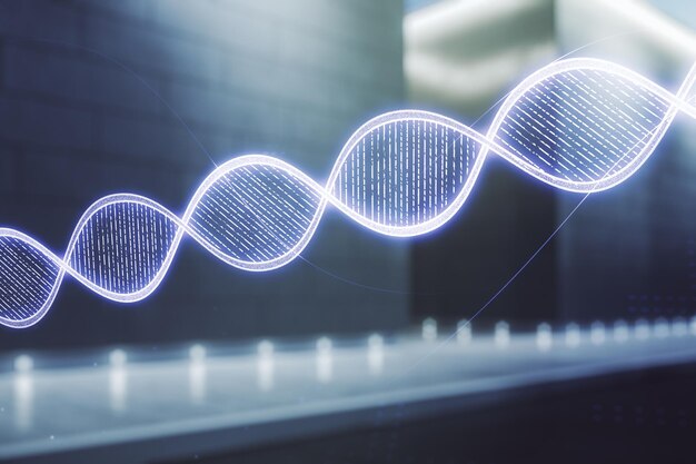 Ologramma del DNA su un edificio di uffici contemporaneo sfocato sfondo scienza e concetto di biologia Multiesposizione