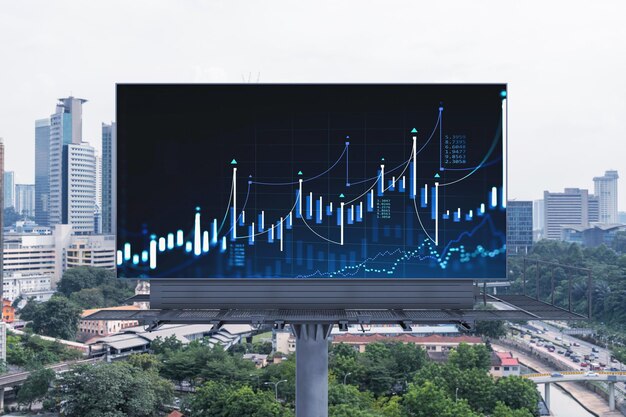 Ologramma del grafico del mercato azionario e Forex sul cartellone stradale sulla vista panoramica della città di Kuala Lumpur KL è il centro finanziario della Malesia Asia Il concetto di commercio internazionale