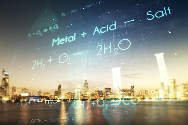 Ologramma di chimica creativa sullo sfondo degli edifici per uffici di Chicago, concetto di ricerca farmaceutica. Multiesposizione