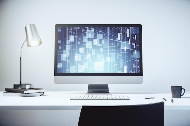 Ologramma di dati statistici creativi astratti sull'analisi dei monitor dei computer moderni e sul concetto di previsione Rendering 3D