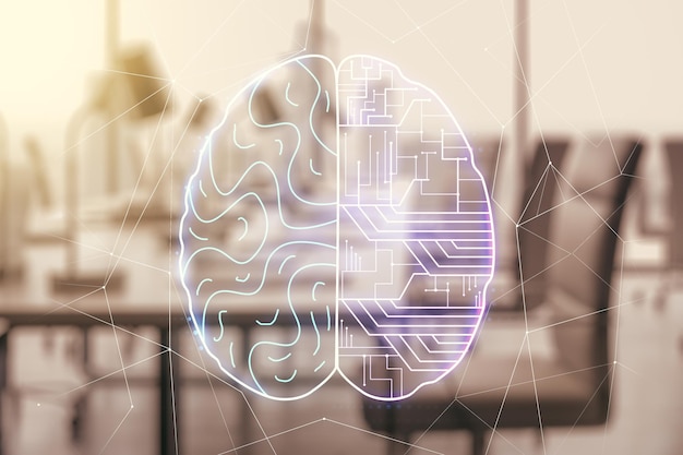 Ologramma di intelligenza artificiale creativa virtuale con schizzo del cervello umano su uno sfondo di aula modernamente arredato Doppia esposizione