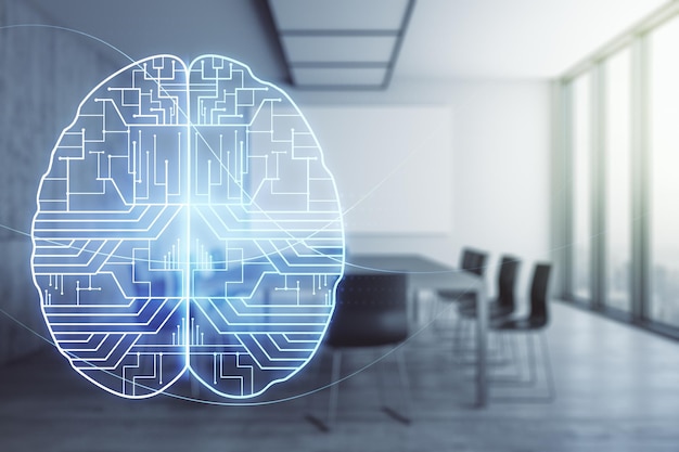 Ologramma di intelligenza artificiale creativa virtuale con schizzo del cervello umano su uno sfondo di una moderna sala conferenze Multiesposizione
