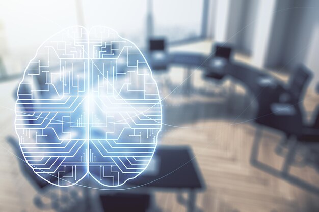 Ologramma di intelligenza artificiale creativa virtuale con schizzo del cervello umano su uno sfondo di una moderna sala di coworking Doppia esposizione