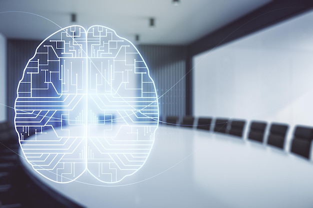Ologramma di intelligenza artificiale creativa virtuale con schizzo del cervello umano sullo sfondo di una moderna sala conferenze Multiesposizione