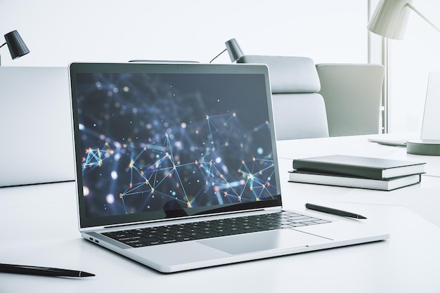 Ologramma di tecnologia wireless astratta creativa su monitor di computer moderni intelligenza artificiale e concetto di apprendimento automatico Rendering 3D