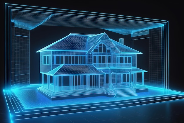 Ologramma di una casa e design in un progetto immobiliare Simulazione del concetto futuro Generata da AI