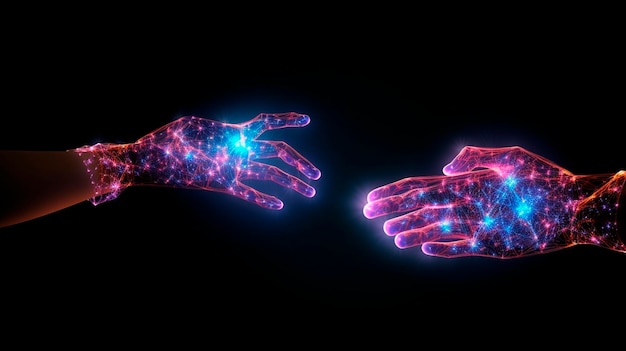 Ologramma digitale della mano su sfondo scuro con spazio di copia AI generativa