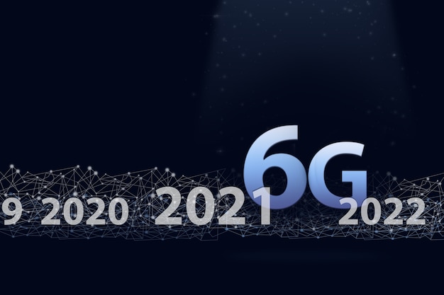 Ologramma digitale di rete 6G e internet delle cose su sfondo blu scuro. Rete 6G senza fili