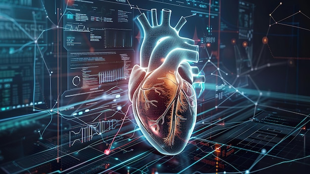 Ologramma digitale di un cuore umano con analisi dei dati sanitari