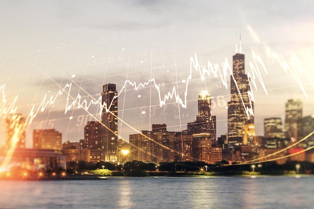 Ologramma grafico finanziario virtuale astratto sullo sfondo del paesaggio urbano di Chicago concetto finanziario e commerciale Multiexposure