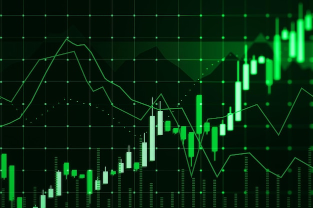 Ologramma grafico forex candeliere verde brillante su sfondo scuro Concetto di commercio e mercato Rendering 3D