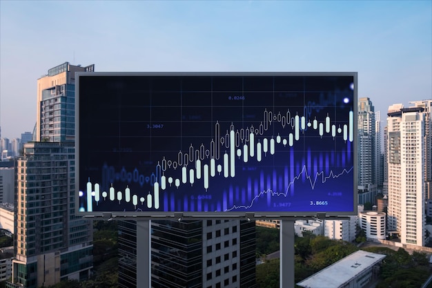 Ologramma luminoso del grafico FOREX sul paesaggio urbano panoramico aereo del tabellone per le affissioni di Bangkok al tramonto Trading di azioni e obbligazioni nel sud-est asiatico Il concetto di gestione del fondo