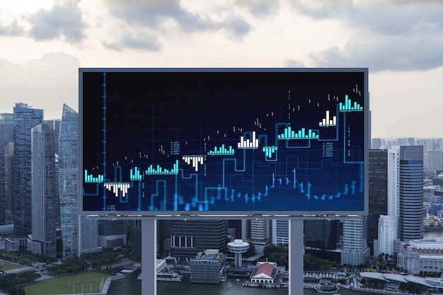 Ologramma luminoso del grafico FOREX sul paesaggio urbano panoramico aereo del tabellone per le affissioni di Singapore al tramonto Trading di azioni e obbligazioni nel sud-est asiatico Il concetto di gestione del fondo