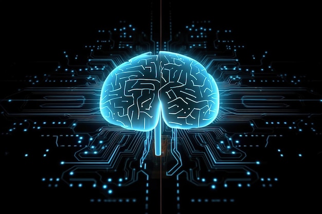 ologramma trasparente AI contorno del cervello digitale bagliore con circuito