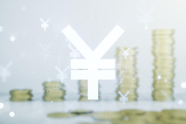 Ologramma virtuale astratto del simbolo dello yen giapponese su sfondo di monete e concetto di valuta Multiesposizione