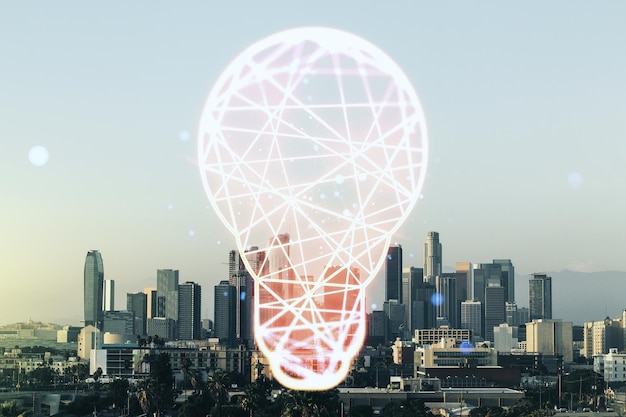 Ologramma virtuale astratto della lampadina sul concetto di idea di sfondo degli edifici per uffici di Los Angeles Multiexposure