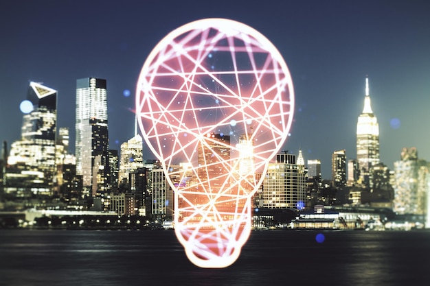 Ologramma virtuale astratto della lampadina sul concetto di idea di sfondo del paesaggio urbano di Manhattan Multiesposizione
