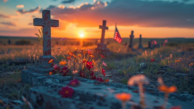 Omaggio al Memorial Day al tramonto con bandiere americane