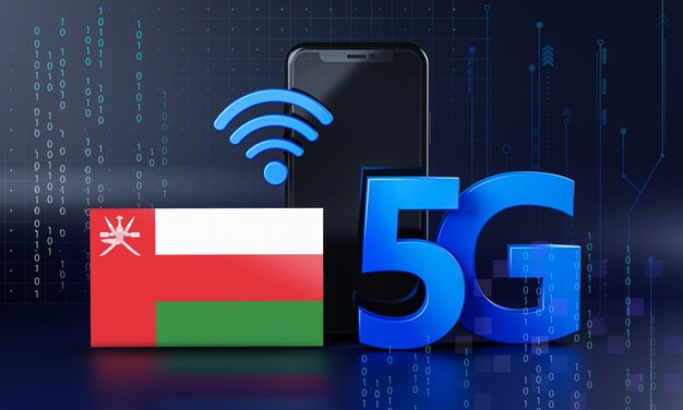 Oman pronto per il concetto di connessione 5G. Sfondo di tecnologia Smartphone rendering 3D