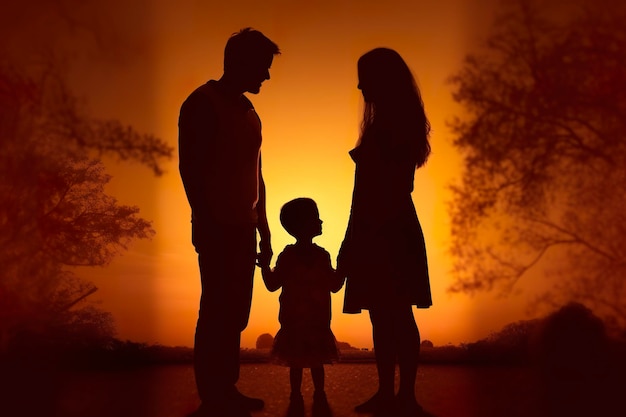 Ombra della famiglia felice insieme ai genitori con il loro piccolo bambino al tramonto Una silhouette di amore e unità AI generativa