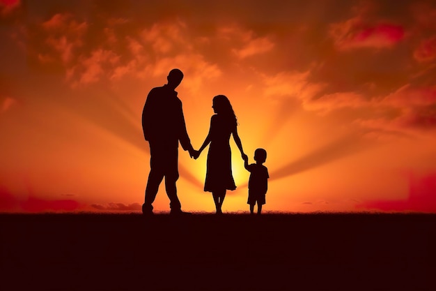 Ombra della famiglia felice insieme ai genitori con il loro piccolo bambino al tramonto Una silhouette di amore e unità AI generativa