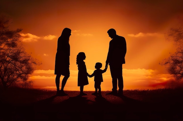 Ombra della famiglia felice insieme ai genitori con il loro piccolo bambino al tramonto Una silhouette di amore e unità AI generativa