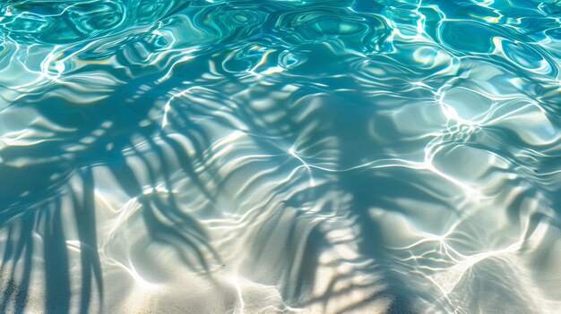 Ombra di foglia di palma sull'acqua e spiaggia di sabbia bianca sfondo astratto per il concetto di vacanza estiva