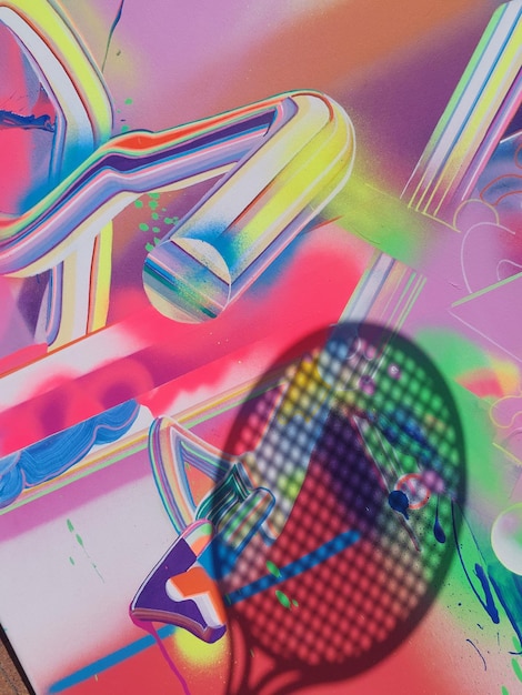Ombra di racchetta da tennis contro l'arte stradale astratta colorata