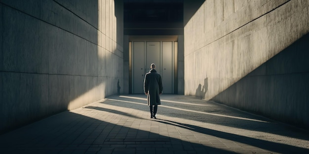 Ombra pezzata un uomo solo con luce incandescente nel mezzo di un convento brutalista nella vista posteriore della città