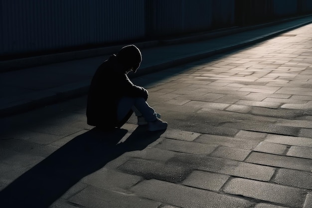 Ombra scura di una persona sola a terra nelle strade AI