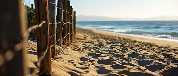 Ombre di recinzione sulla spiaggia di Sandy Shore al crepuscolo