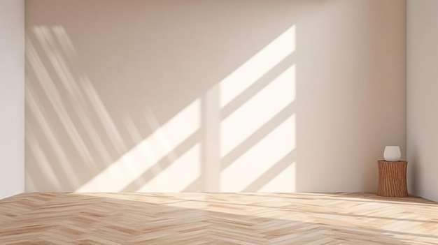 Ombre geometriche estetiche della luce solare su pareti strutturate bianche e pavimento in legno beige IA generativa