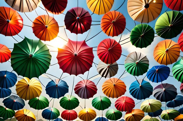 ombrelli colorati appesi al soffitto con il sole che splende attraverso di loro.
