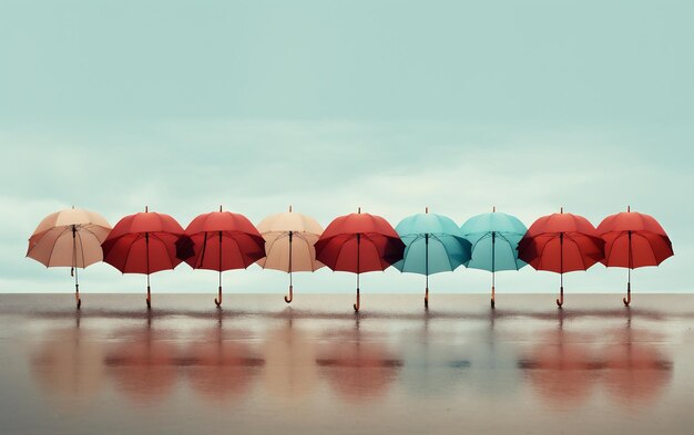 Ombrelli colorati sulla spiaggia con sfondo celeste in tono vintage