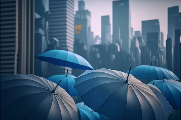 Ombrello blu sopra altri ombrelli grigi sullo sfondo della città