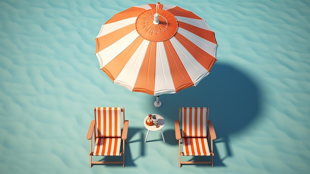 Ombrello da spiaggia con sedie e accessori da spiaggia su sfondo blu concetto di vacanza estiva