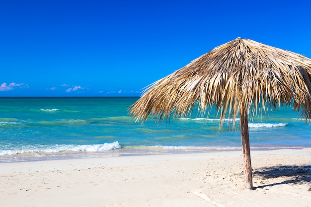 Ombrello di paglia su una spiaggia deserta