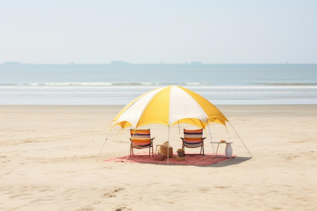 ombrello e due sedie vuote sulla riva dell'oceano