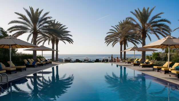 Ombrello e sedia intorno alla piscina all'aperto in un hotel con vista sull'oceano per viaggiare