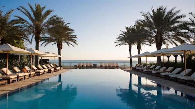 Ombrello e sedia intorno alla piscina all'aperto in un hotel con vista sull'oceano per viaggiare